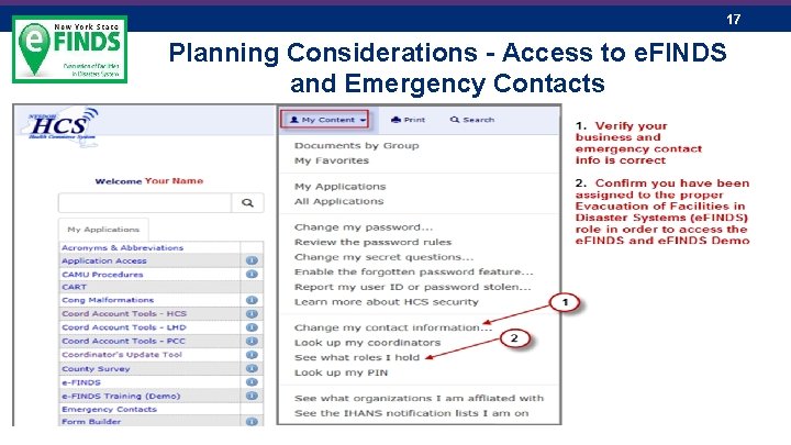 17 Planning Considerations - Access to e. FINDS and Emergency Contacts 