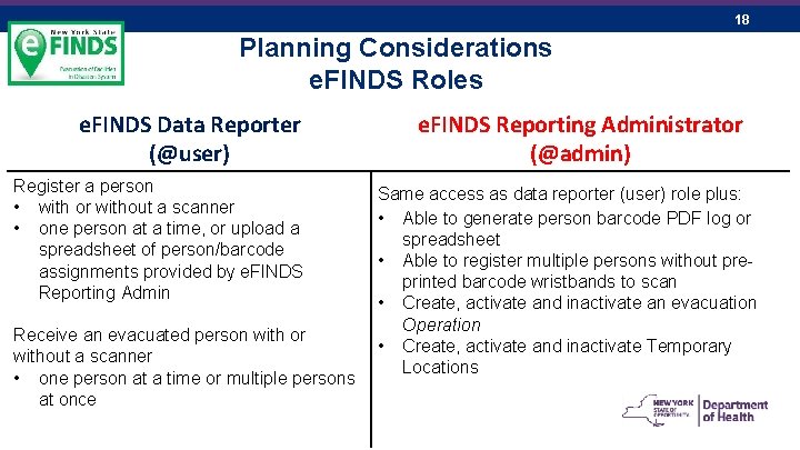 18 Planning Considerations e. FINDS Roles e. FINDS Data Reporter (@user) Register a person