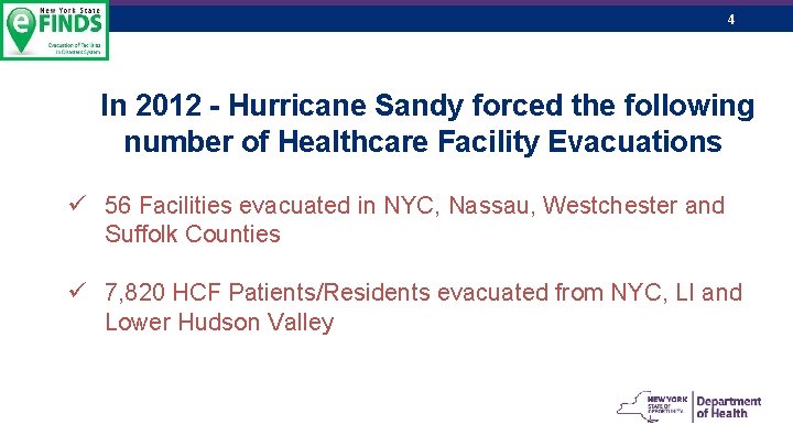 4 In 2012 - Hurricane Sandy forced the following number of Healthcare Facility Evacuations