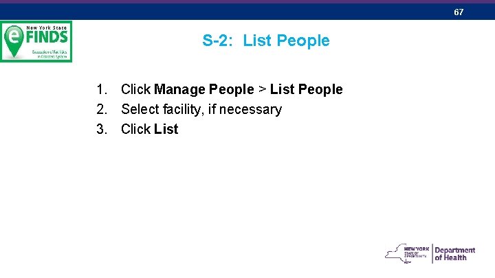 67 S-2: List People 1. Click Manage People > List People 2. Select facility,