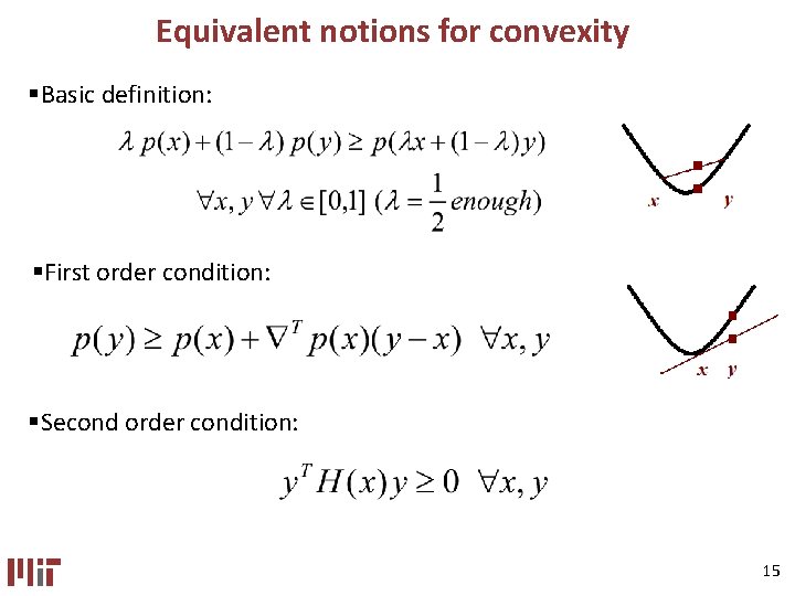 Equivalent notions for convexity §Basic definition: §First order condition: §Second order condition: 15 Equivalent notions for convexity §Basic definition: §First order condition: §Second order condition: 15