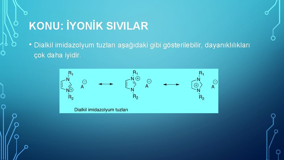 KONU: İYONİK SIVILAR • Dialkil imidazolyum tuzları aşağıdaki gibi gösterilebilir, dayanıklılıkları çok daha iyidir.