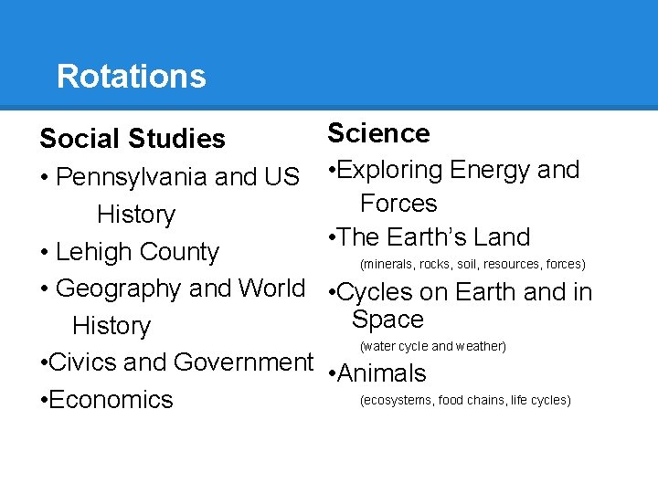 Rotations Social Studies Science • Pennsylvania and US History • Lehigh County • Geography