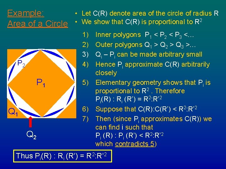 • Example: Area of a Circle • Let C(R) denote area of the • Example: Area of a Circle • Let C(R) denote area of the