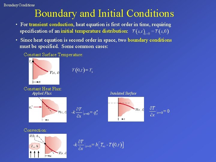 Boundary Conditions Boundary and Initial Conditions • For transient conduction, heat equation is first