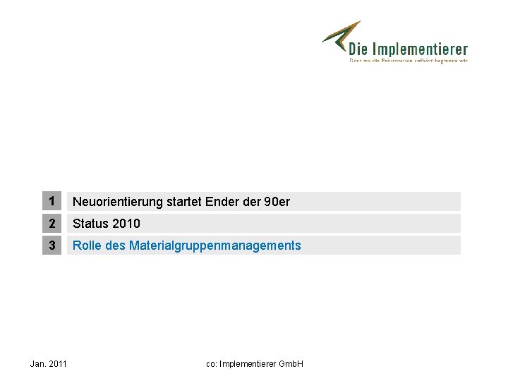 1 Neuorientierung startet Ender 90 er 2 Status 2010 3 Rolle des Materialgruppenmanagements Jan.