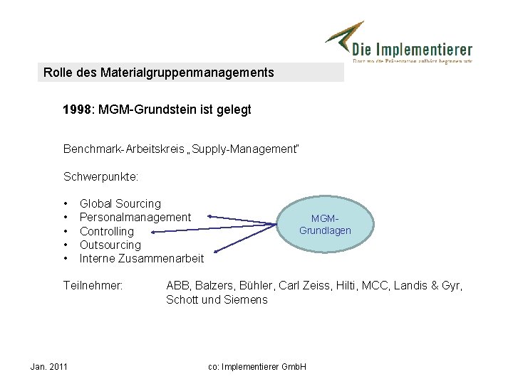 Rolle des Materialgruppenmanagements 1998: MGM-Grundstein ist gelegt Benchmark-Arbeitskreis „Supply-Management“ Schwerpunkte: • • • Global