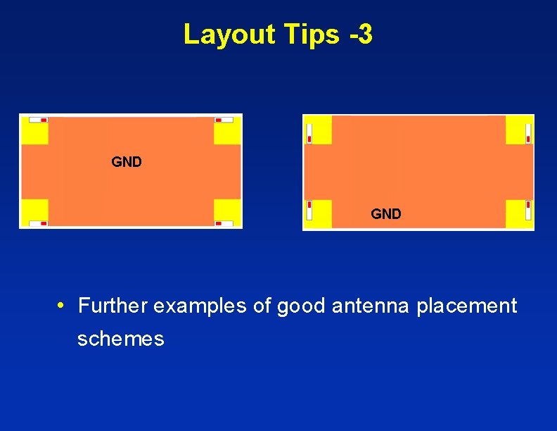 Layout Tips -3 GND • Further examples of good antenna placement schemes Layout Tips -3 GND • Further examples of good antenna placement schemes