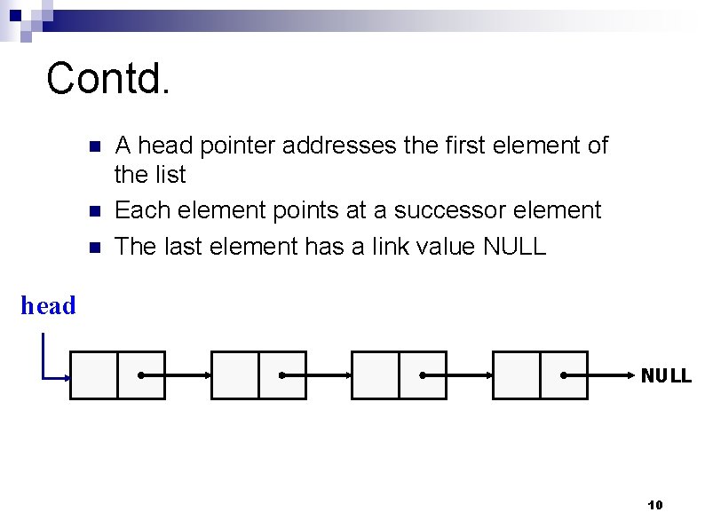 Contd. n n n A head pointer addresses the first element of the list