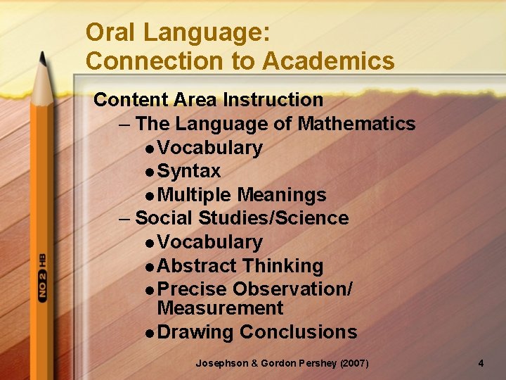 Oral Language: Connection to Academics Content Area Instruction – The Language of Mathematics l