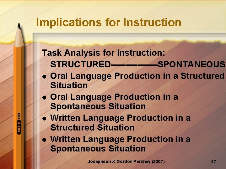 Implications for Instruction Task Analysis for Instruction: STRUCTURED--------SPONTANEOUS l Oral Language Production in a