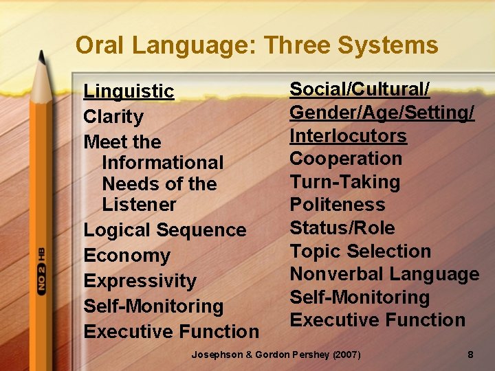 Oral Language: Three Systems Linguistic Clarity Meet the Informational Needs of the Listener Logical