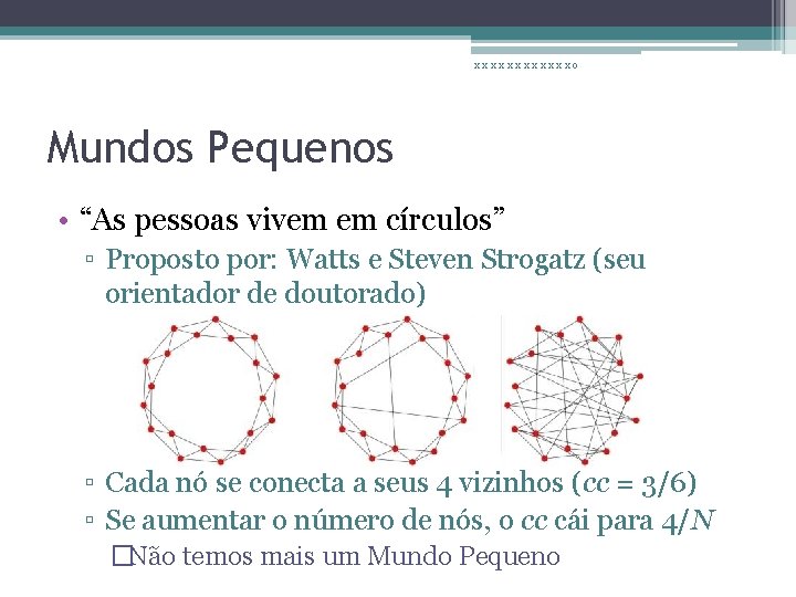 xxxxxxo Mundos Pequenos • “As pessoas vivem em círculos” ▫ Proposto por: Watts e