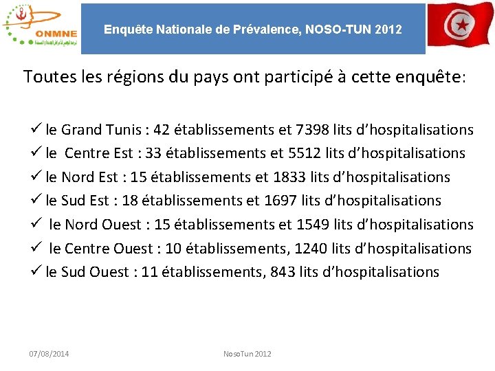 Enquête Nationale de Prévalence, NOSO-TUN 2012 Toutes les régions du pays ont participé à