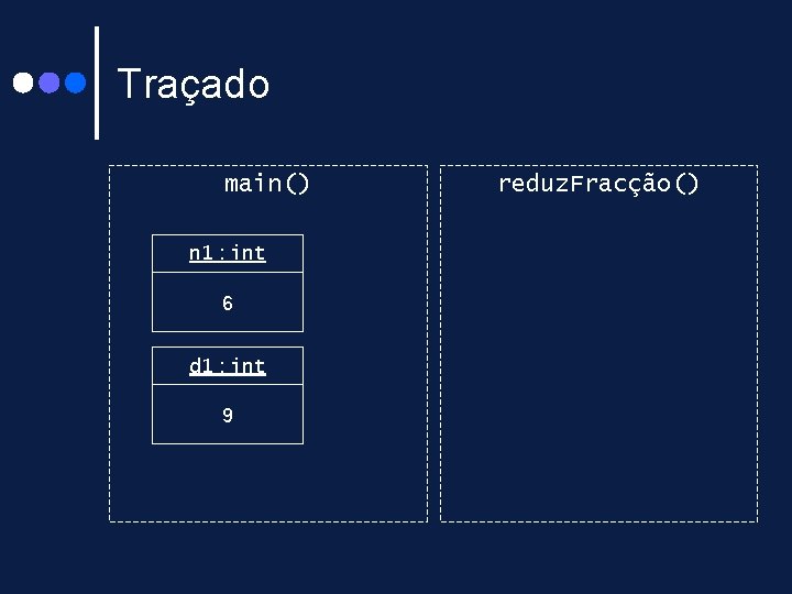Traçado main() reduz. Fracção() n : int n 1 : int 2 6 d Traçado main() reduz. Fracção() n : int n 1 : int 2 6 d