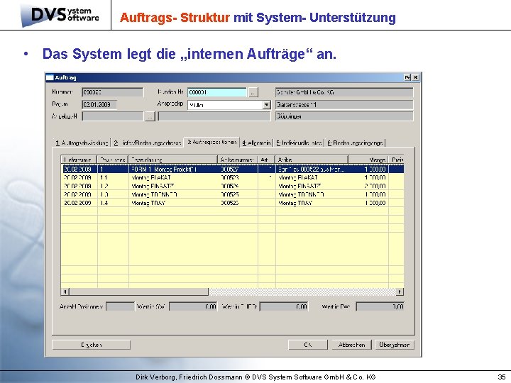 Auftrags- Struktur mit System- Unterstützung • Das System legt die „internen Aufträge“ an. Dirk