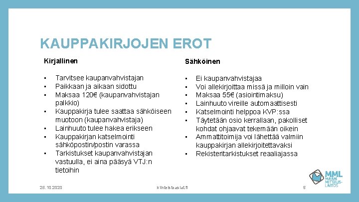 KAUPPAKIRJOJEN EROT Kirjallinen Sähköinen • • • • Tarvitsee kaupanvahvistajan Paikkaan ja aikaan sidottu