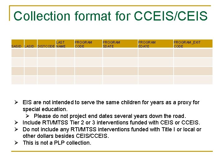 Collection format for CCEIS/CEIS LAST SASID LASID DISTCODE NAME PROGRAM CODE PROGRAM SDATE PROGRAM