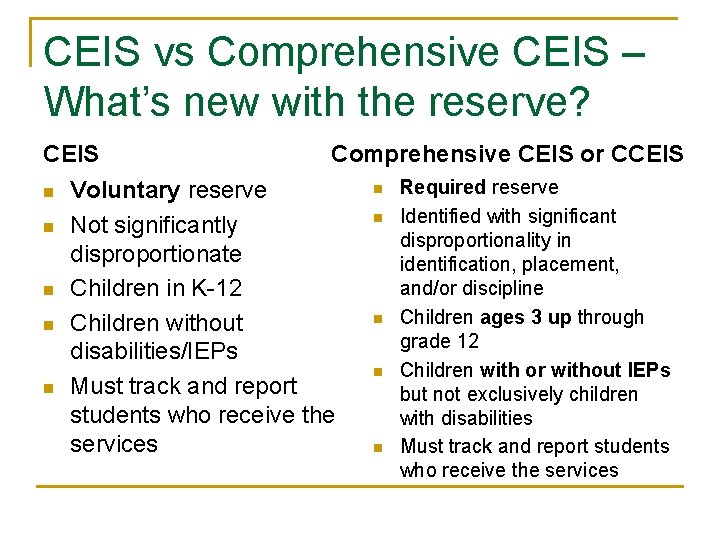 CEIS vs Comprehensive CEIS – What’s new with the reserve? CEIS n n n