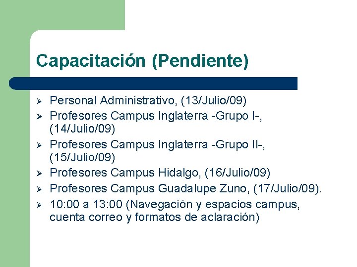 Capacitación (Pendiente) Ø Ø Ø Personal Administrativo, (13/Julio/09) Profesores Campus Inglaterra -Grupo I-, (14/Julio/09)