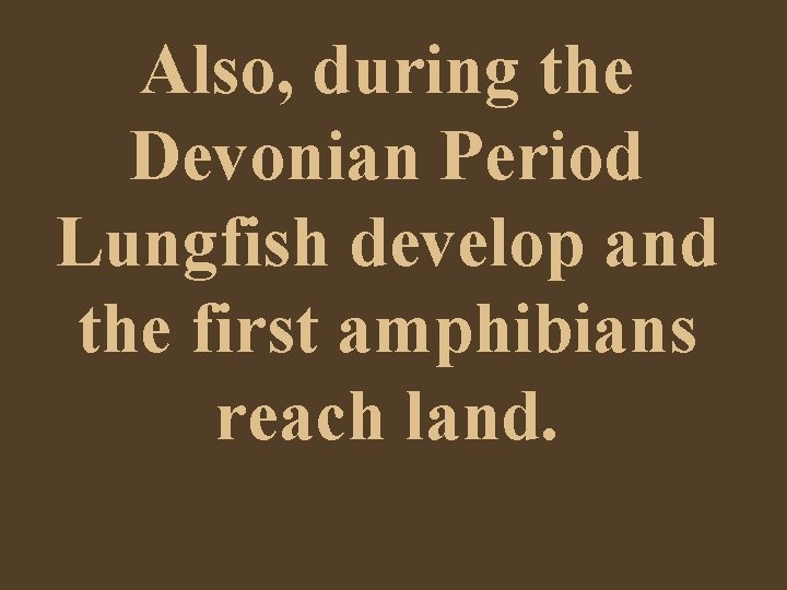 Also, during the Devonian Period Lungfish develop and the first amphibians reach land. 