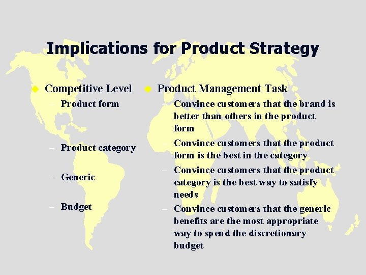 Implications for Product Strategy u Competitive Level – Product form – Product category –