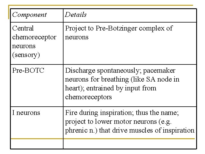Component Details Central chemoreceptor neurons (sensory) Project to Pre-Botzinger complex of neurons Pre-BOTC Discharge