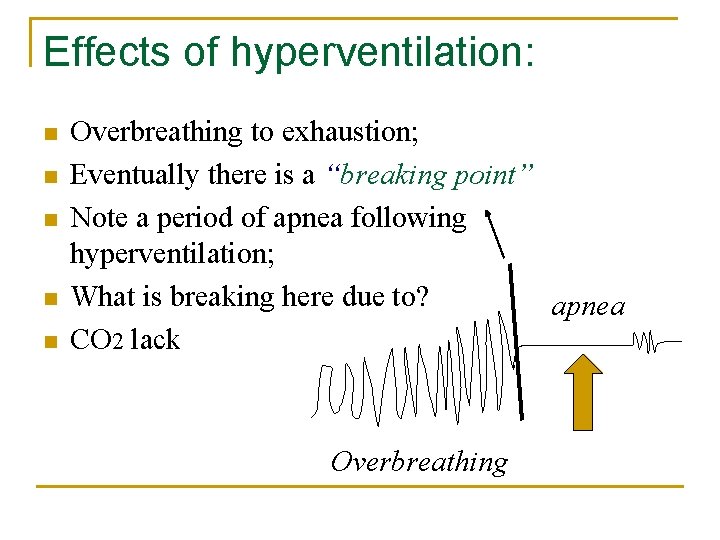 Effects of hyperventilation: n n n Overbreathing to exhaustion; Eventually there is a “breaking