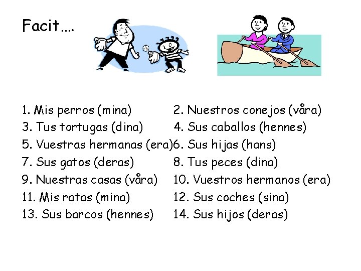 Facit…. 1. Mis perros (mina) 2. Nuestros conejos (våra) 3. Tus tortugas (dina) 4.