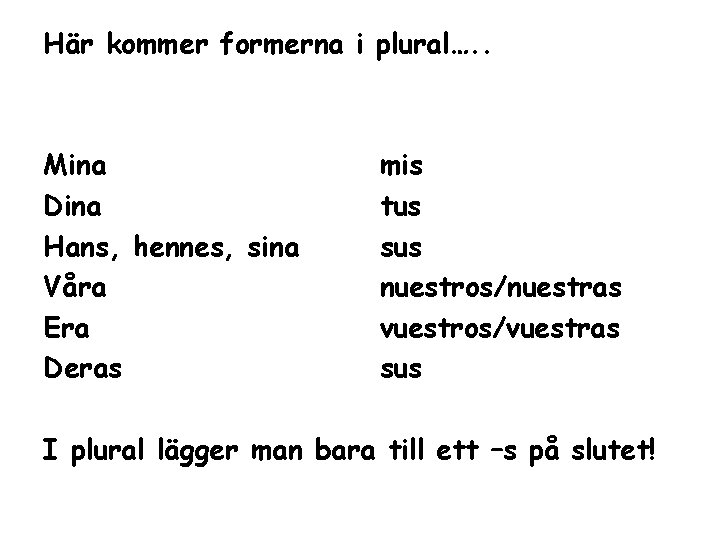 Här kommer formerna i plural…. . Mina Dina Hans, hennes, sina Våra Era Deras