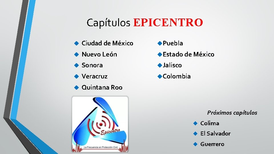 Capítulos EPICENTRO Ciudad de México Puebla Nuevo León Estado de México Sonora Jalisco Veracruz