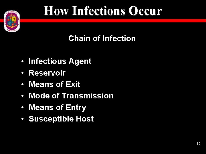 How Infections Occur Chain of Infection • • • Infectious Agent Reservoir Means of