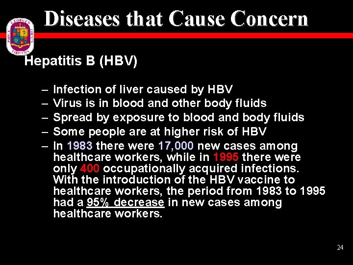 Diseases that Cause Concern Hepatitis B (HBV) – – – Infection of liver caused
