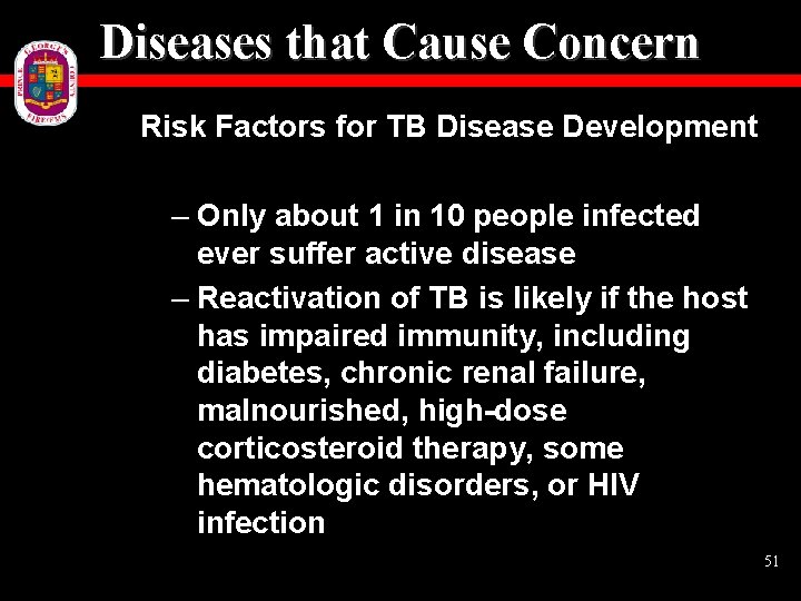 Diseases that Cause Concern Risk Factors for TB Disease Development – Only about 1