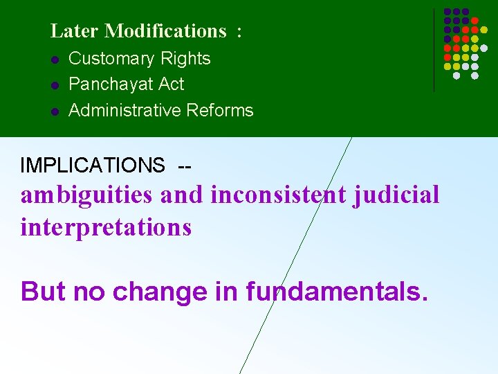 Later Modifications : l l l Customary Rights Panchayat Act Administrative Reforms IMPLICATIONS --