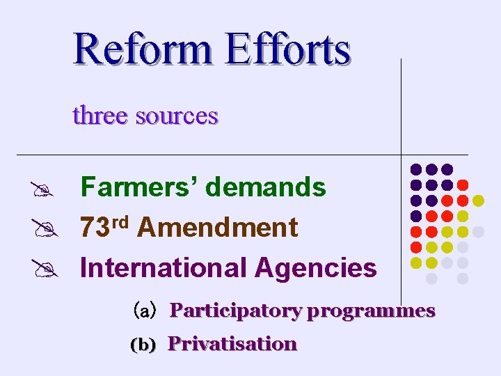 Reform Efforts three sources @ Farmers’ demands @ 73 rd Amendment @ International Agencies