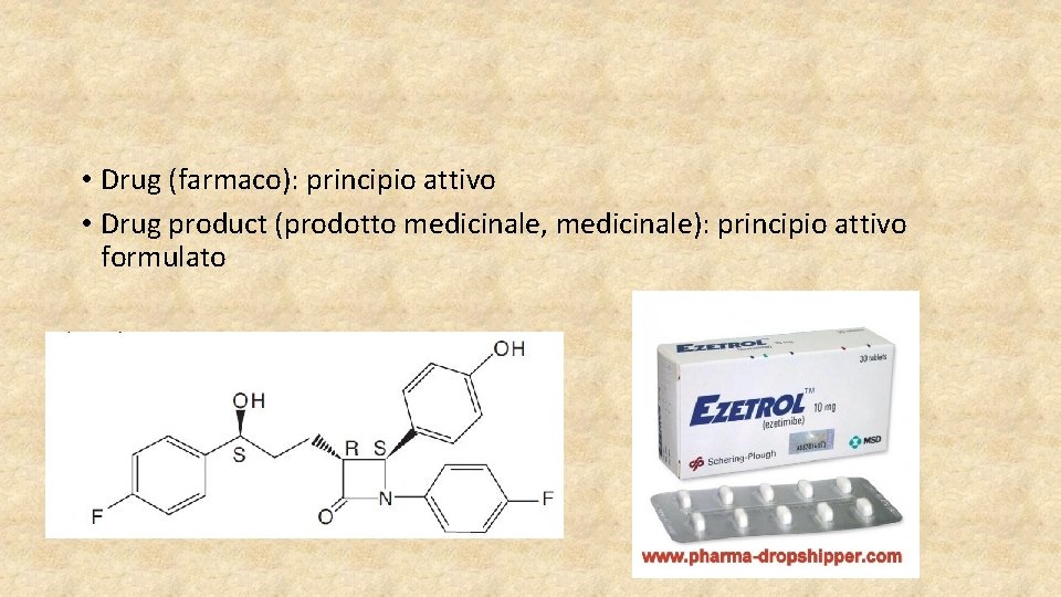  • Drug (farmaco): principio attivo • Drug product (prodotto medicinale, medicinale): principio attivo