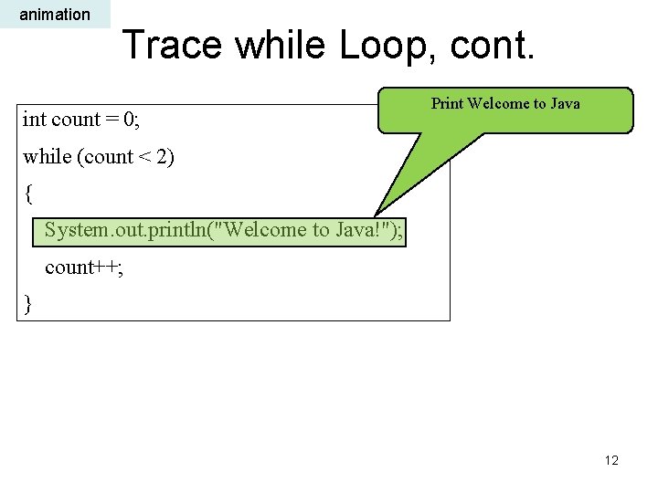 animation Trace while Loop, cont. int count = 0; Print Welcome to Java while