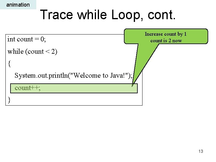 animation Trace while Loop, cont. int count = 0; Increase count by 1 count