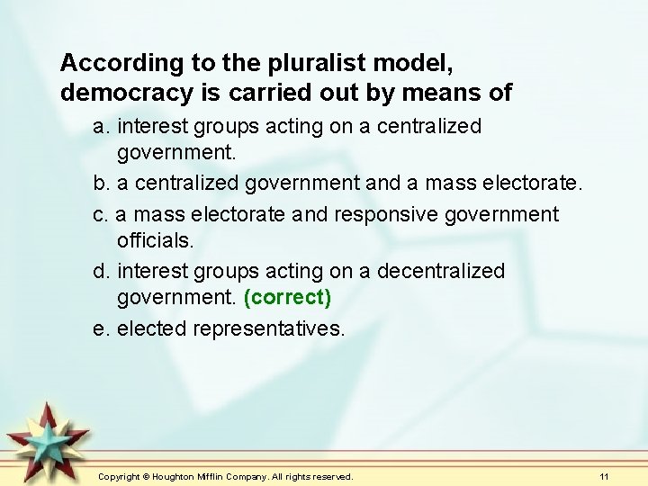 According to the pluralist model, democracy is carried out by means of a. interest