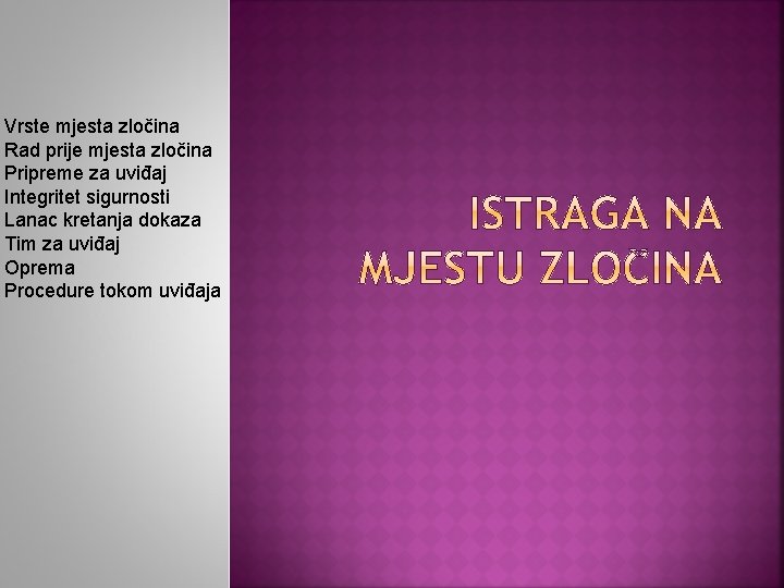 Vrste mjesta zločina Rad prije mjesta zločina Pripreme za uviđaj Integritet sigurnosti Lanac kretanja