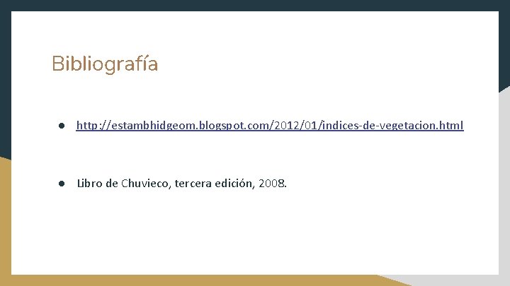 Bibliografía ● http: //estambhidgeom. blogspot. com/2012/01/indices-de-vegetacion. html ● Libro de Chuvieco, tercera edición, 2008.
