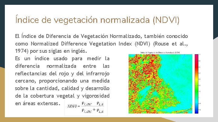 Índice de vegetación normalizada (NDVI) El Índice de Diferencia de Vegetación Normalizado, también conocido