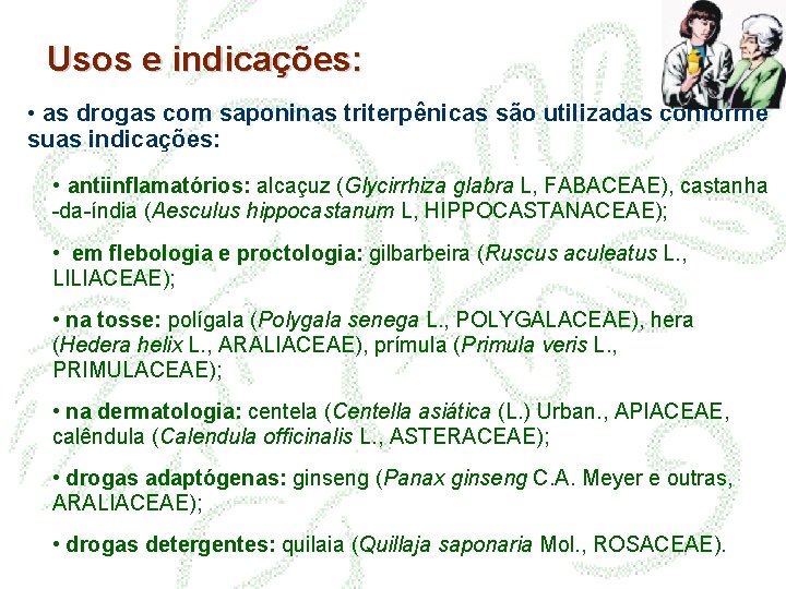 Usos e indicações: • as drogas com saponinas triterpênicas são utilizadas conforme suas indicações: