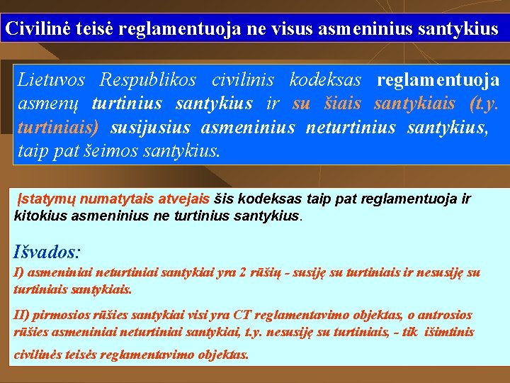 Civilinė teisė reglamentuoja ne visus asmeninius santykius Lietuvos Respublikos civilinis kodeksas reglamentuoja asmenų turtinius