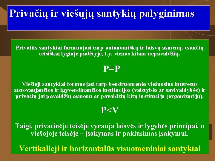 Privačių ir viešųjų santykių palyginimas Privatūs santykiai formuojasi tarp autonomiškų ir laisvų asmenų, esančių
