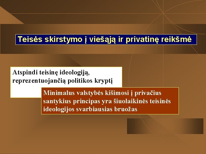 Teisės skirstymo į viešąją ir privatinę reikšmė Atspindi teisinę ideologiją, reprezentuojančią politikos kryptį Minimalus