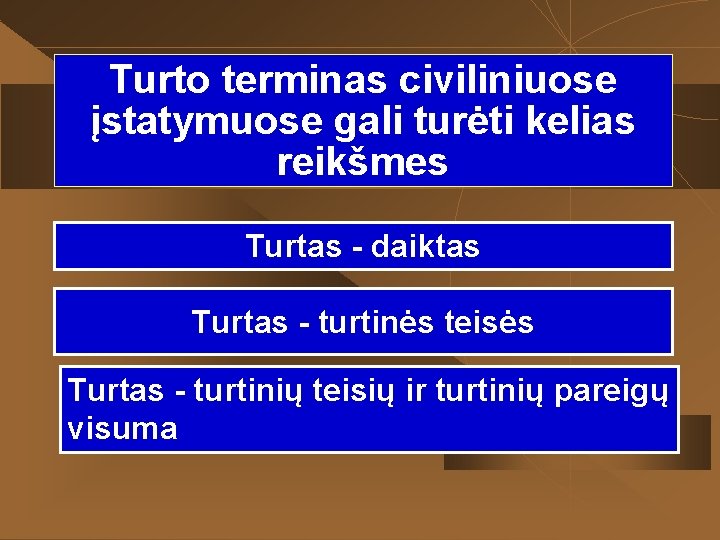 Turto terminas civiliniuose įstatymuose gali turėti kelias reikšmes Turtas - daiktas Turtas - turtinės