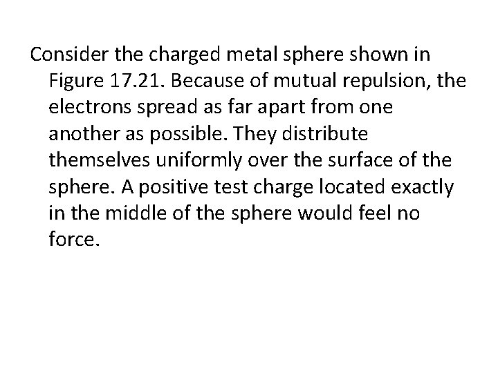 Consider the charged metal sphere shown in Figure 17. 21. Because of mutual repulsion,