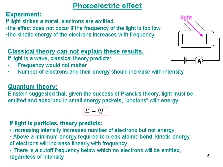 Photoelectric effect Experiment: If light strikes a metal, electrons are emitted. • the effect